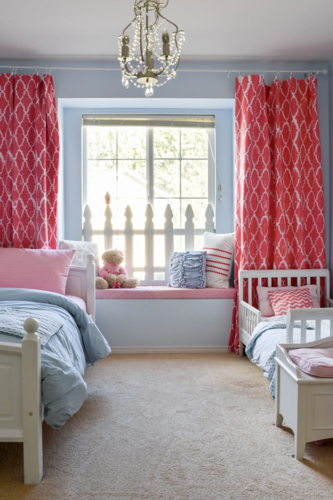 Girls Room @jessicawellinginteriors.com, coral and blue girls room, kids room