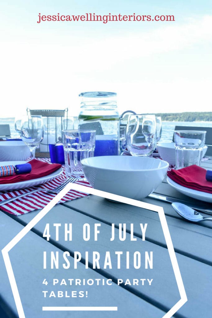4th of July table set for an outdoor dinner party with red white and blue decorations