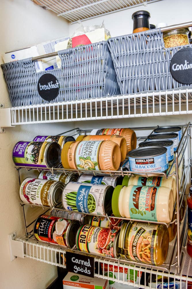 This small organized pantry closet  on a budget with shelves and baskets is full of cheap and easy ideas to keep all your food visible and easy to access!