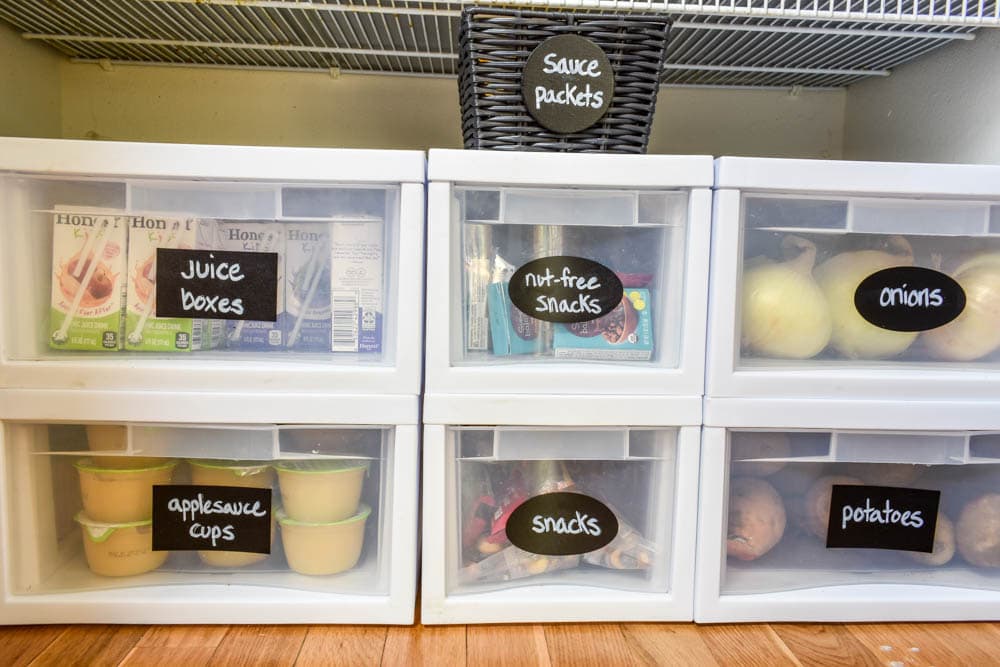 This small organized pantry closet  on a budget with shelves and baskets is full of cheap and easy ideas to keep all your food visible and easy to access!