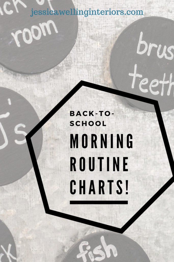 Back-To-School Morning Routine Charts text layed over magnets that say "brush teeth", "clean room" and "PJ's"