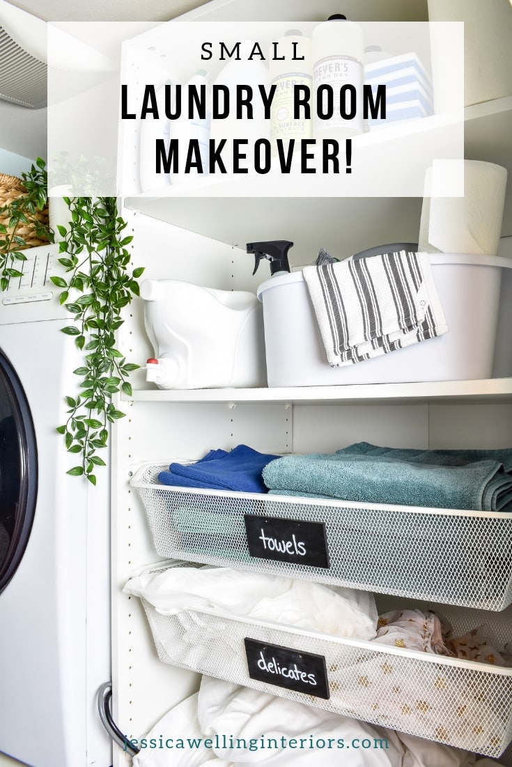 This small laundry room makeover on a budget makes the most of every square inch! It includes a stackable washer and dryer, sorting space, laundry basket storage, an ironing board, and space for detergent and cleaning supplies!