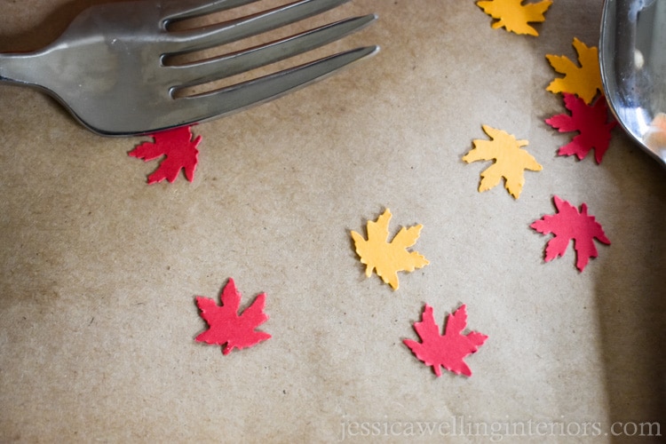 image of leaf confetti on Thanksgiving kids table