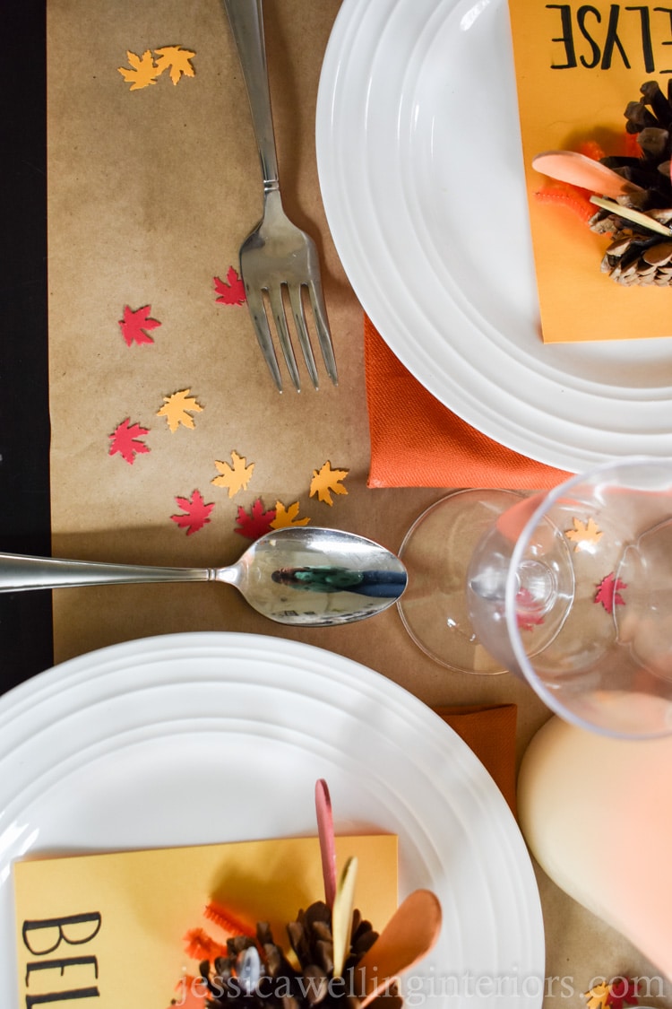 image of Thanksgiving kids table with pine cone turkeys and crayons