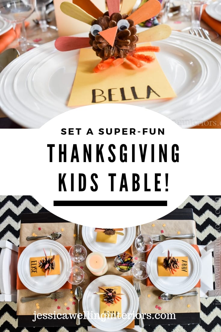 image of kids thanksgiving table with pine cone turkeys and crayons