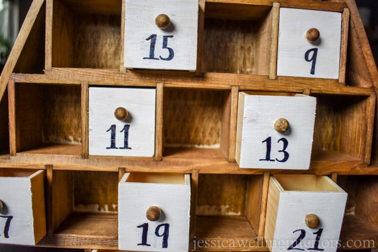 reusable wood advent calendar with half of the drawers in place