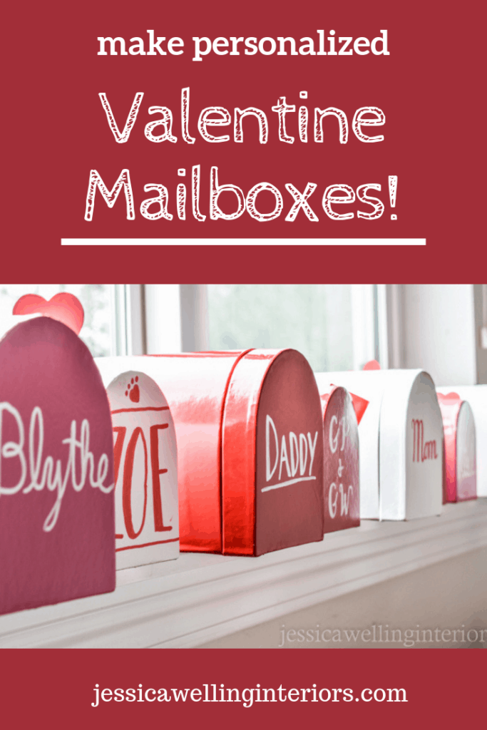 image of personalized valentine mailboxes lined up on windowsill