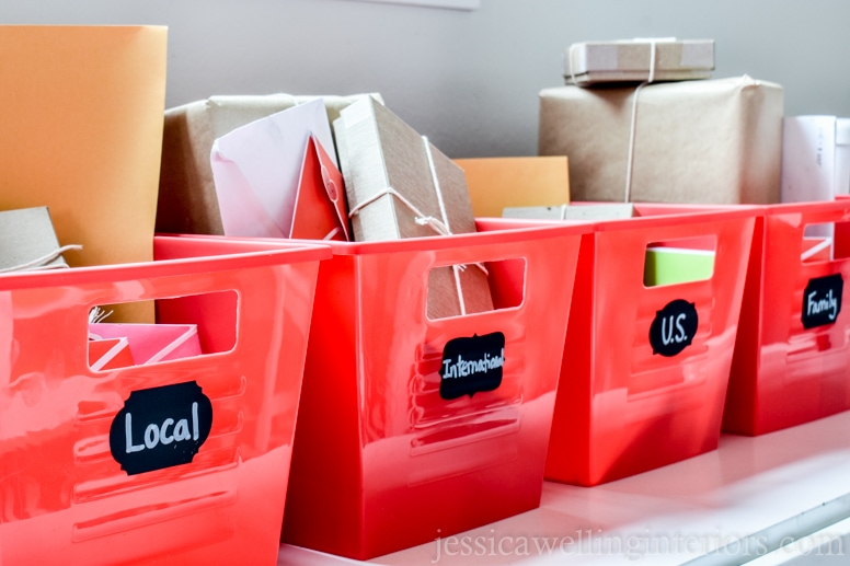 image of mail-sorting bins in play post office for Valentine's Day