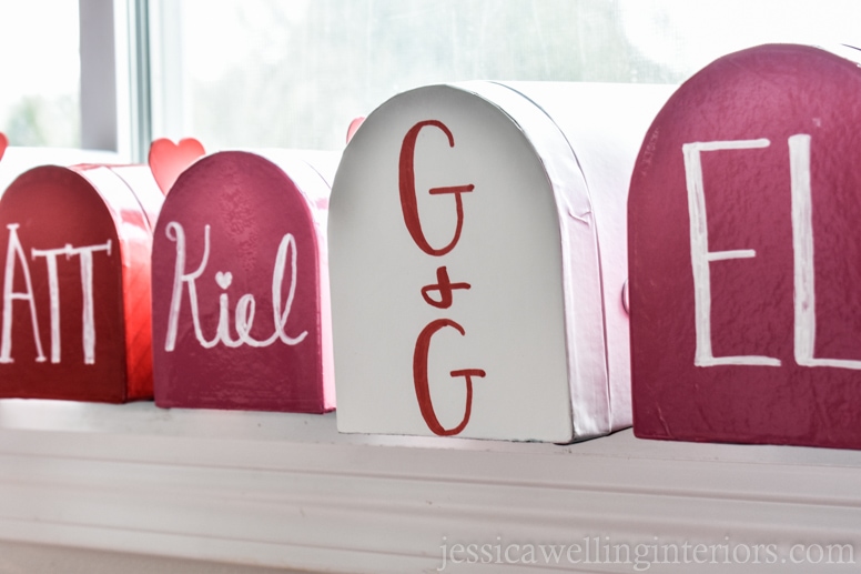 image of valentine mailboxes lines up on windowsill