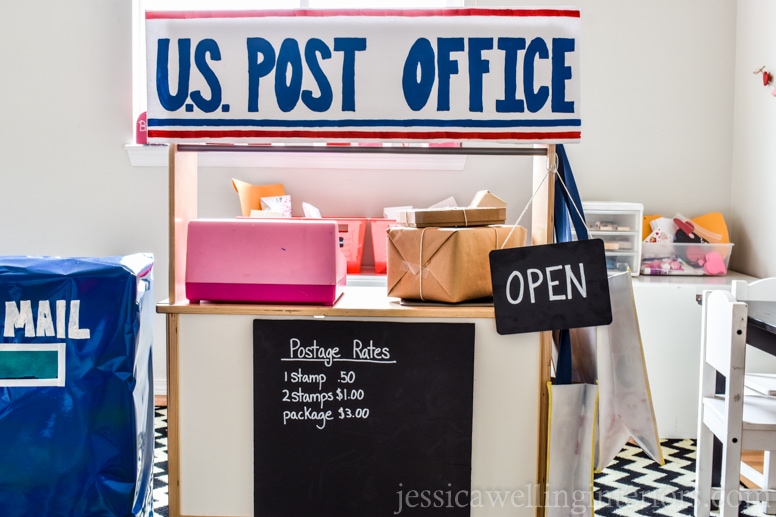 image of play post office with big blue mailbox