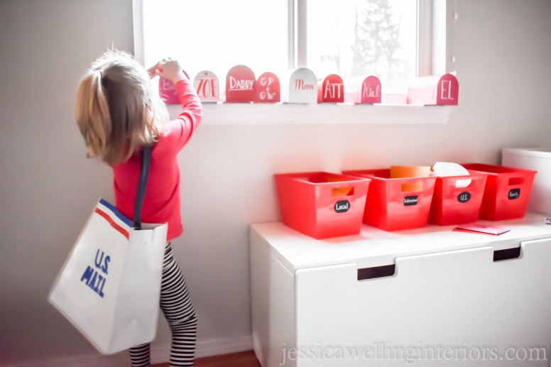 image of child delivering mail to valentine mailboxes in play post office