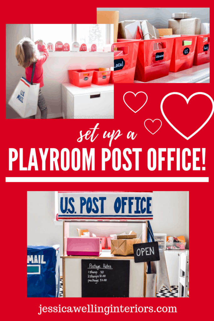 image of play post office with mailboxes, mail-sorting bins, & mail delivery bags