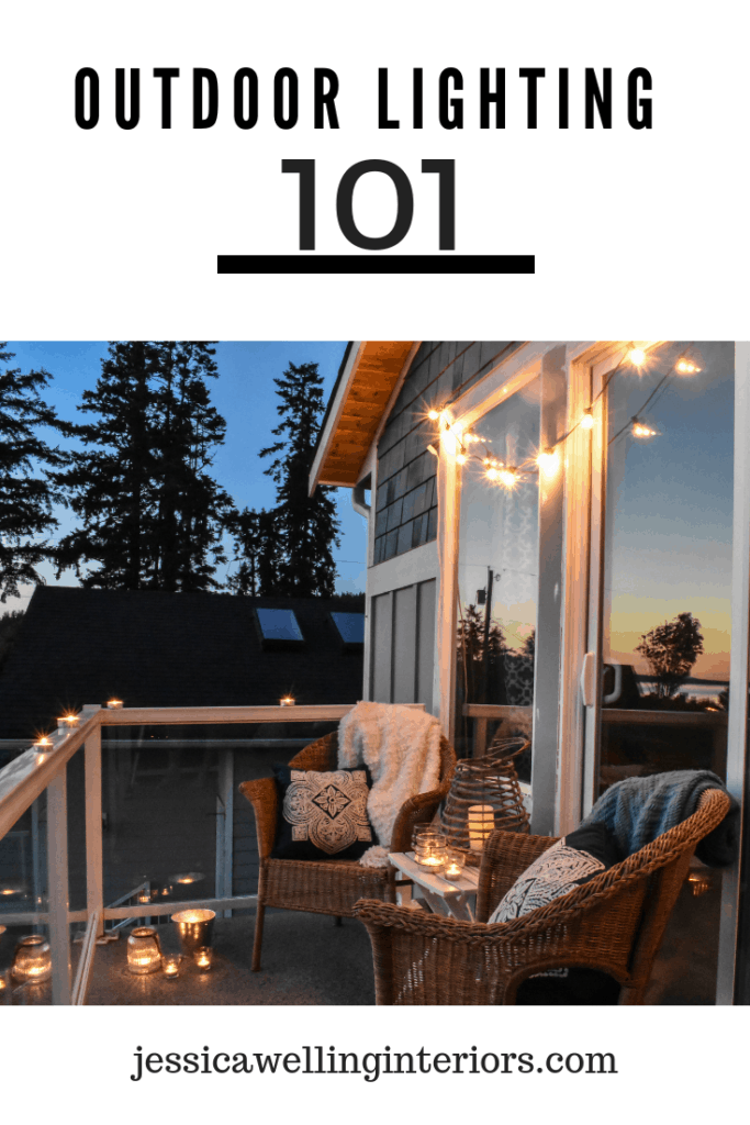 Outdoor Lighting 101: balcony lit by sunset, string lights, and candle lanterns