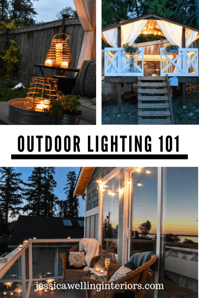 Backyard Lighting Ideas: A Simple Guide for Outdoor Living Spaces images of candle lanterns, a playhouse illuminated by string lights, and a balcony with string lights