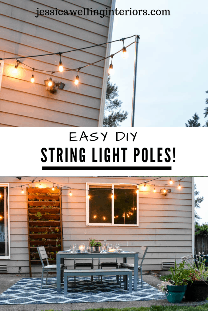 Easy DIY String Light Poles! Close-up of the top of an easy string light pole, and image of patio with patio light poles over it