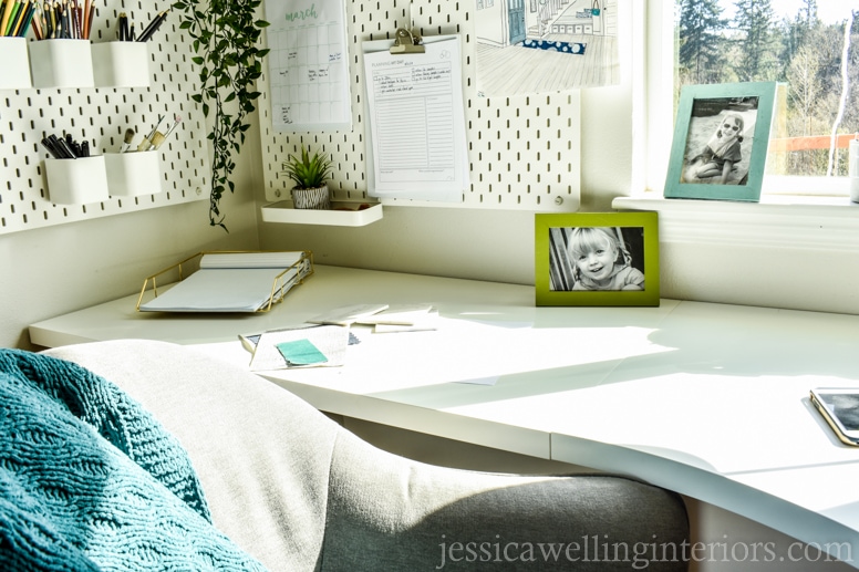 ikea office in white with linnmon desk, window, and skadis pegboards