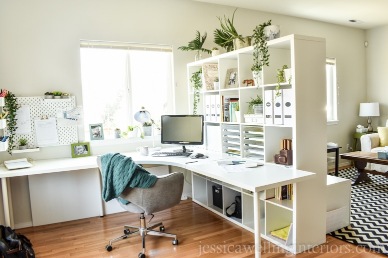 design studio makeover after photo with ikea kallax bookshelf as a room divider, ikea linnmon desk pieces all in white