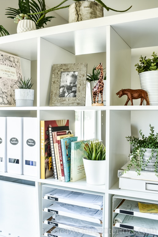 ikea home office ideas: close-up of white ikea kallax bookshelf with books, plants, photos, and animal statues