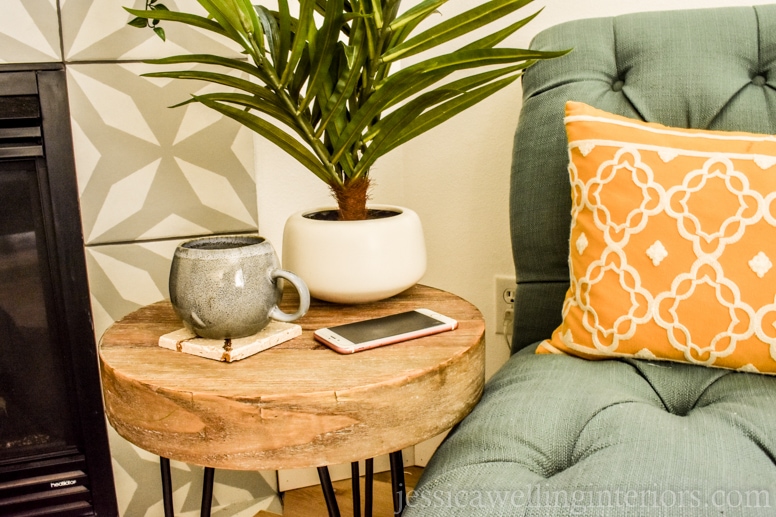 image of mug on end table with kintsugi tile coaster