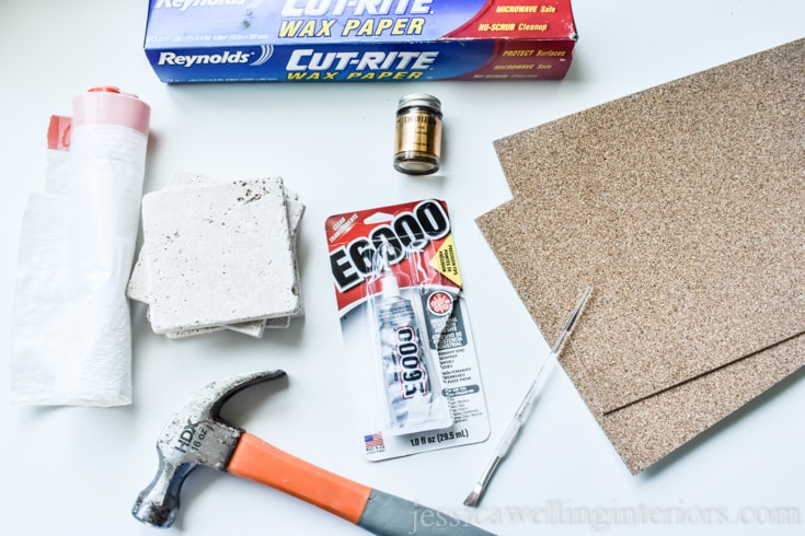 image of supplies needed to make diy kintsugi coasters from tiles and gold leaf paint