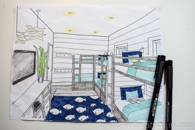 drawing of a  beach house bunk room with 6 bunk beds and a fish rug