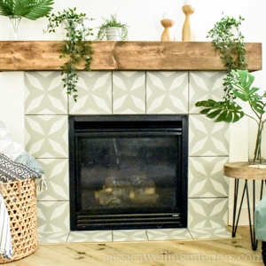 DIY fireplace makeover with painted fireplace tile surround