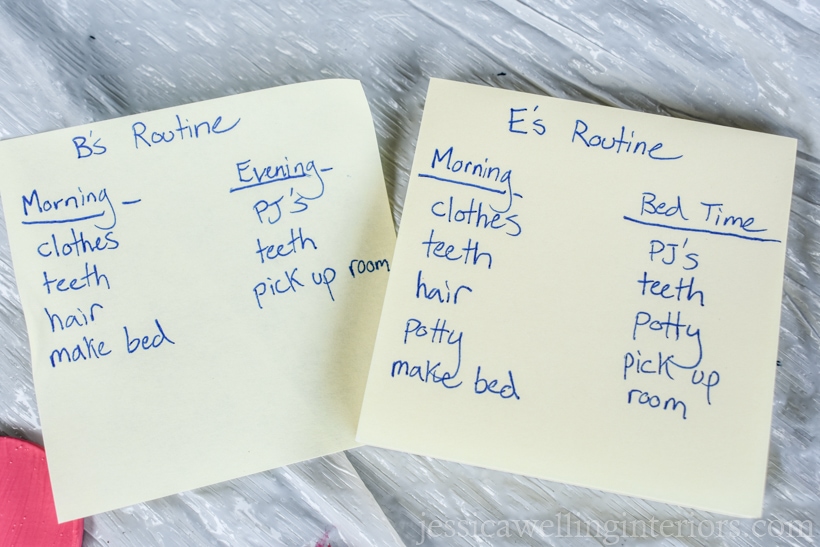 two post-it notes with lists of children's morning routine and bedtime routine activities