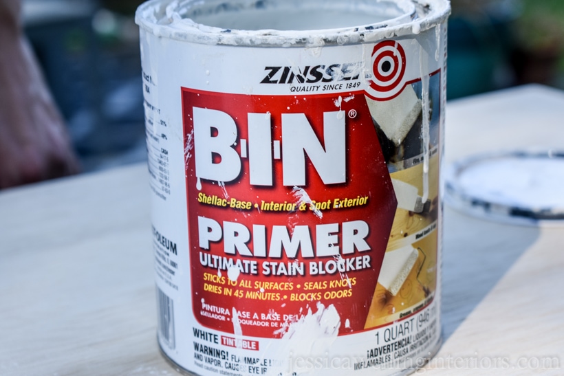 open can of Zinsser BIN primer ready to be used on DIY floating desk