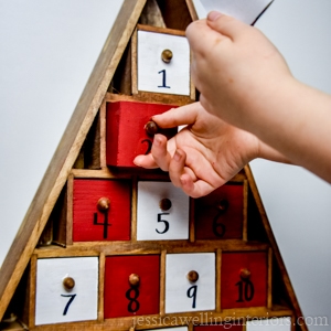 DIY wood advent calendar painted red and white