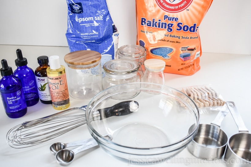 DIY bath salts ingredients & tools: epsom salt, baking soda, essential oils, etc. 