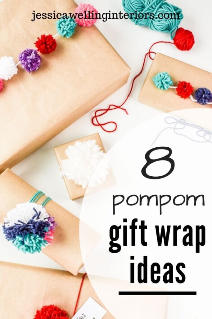 8 Pompom Gift Wrap Ideas: gifts wrapped with recycled brown paper and tied with colorful DIY pom poms as ribbon