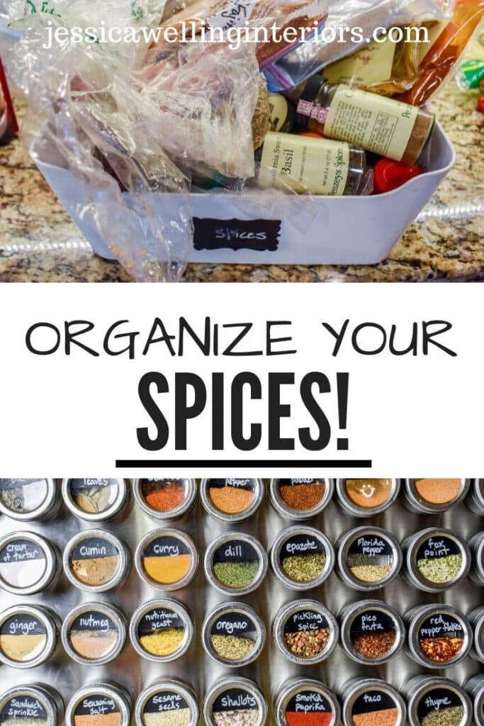 Organize your Spices! Collage of 2 images- tops is a plastic bin full of messy spices and bottom is a giant magnetic spice rack with 36 organized spices