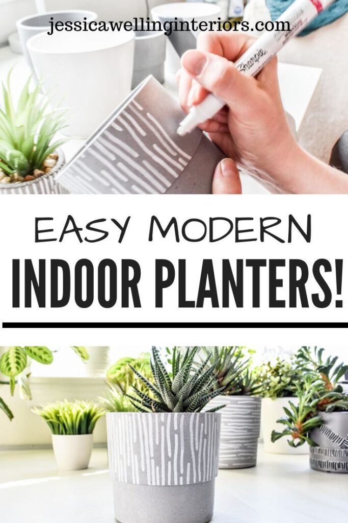 Easy Modern Indoor Planters: top image of han drawing line pattern on a grey indoor plant pot, bottom image of completed indoor planter with a plant