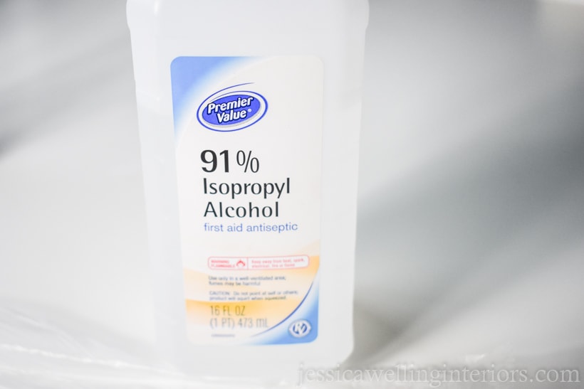 close-up of bottle of 91% isopropyl alcohol