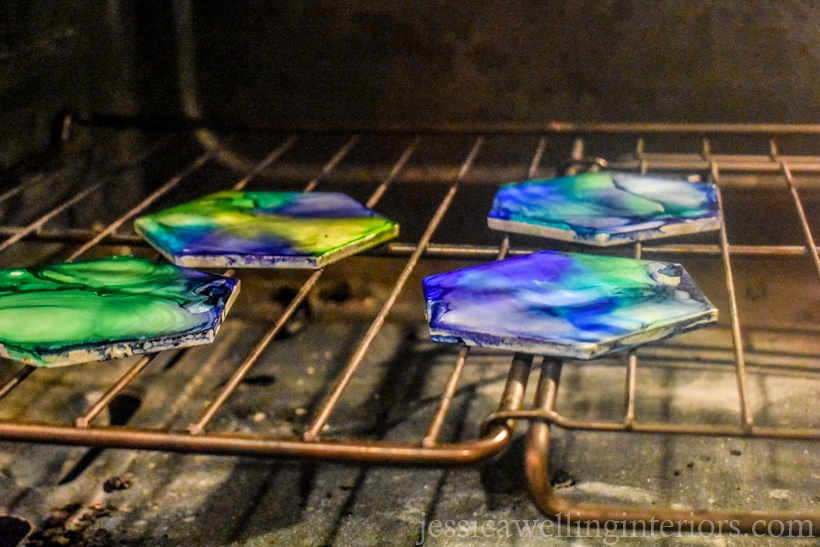 colorful DIY tile coasters in the oven