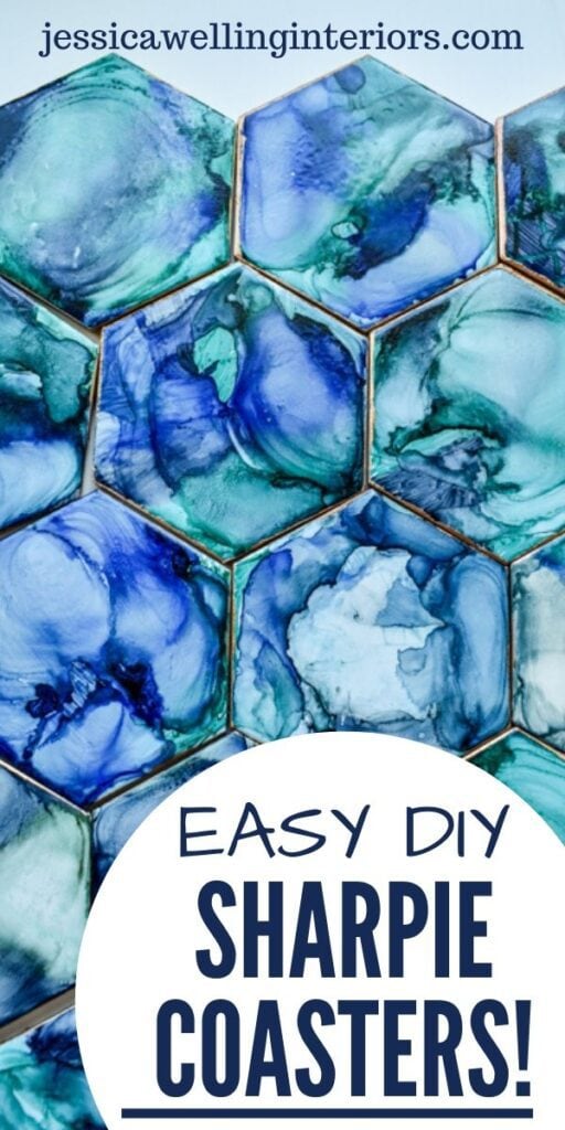 Easy DIY Sharpie Coasters: blue, teal, and green abstract tile coasters made with Sharpies and alcohol