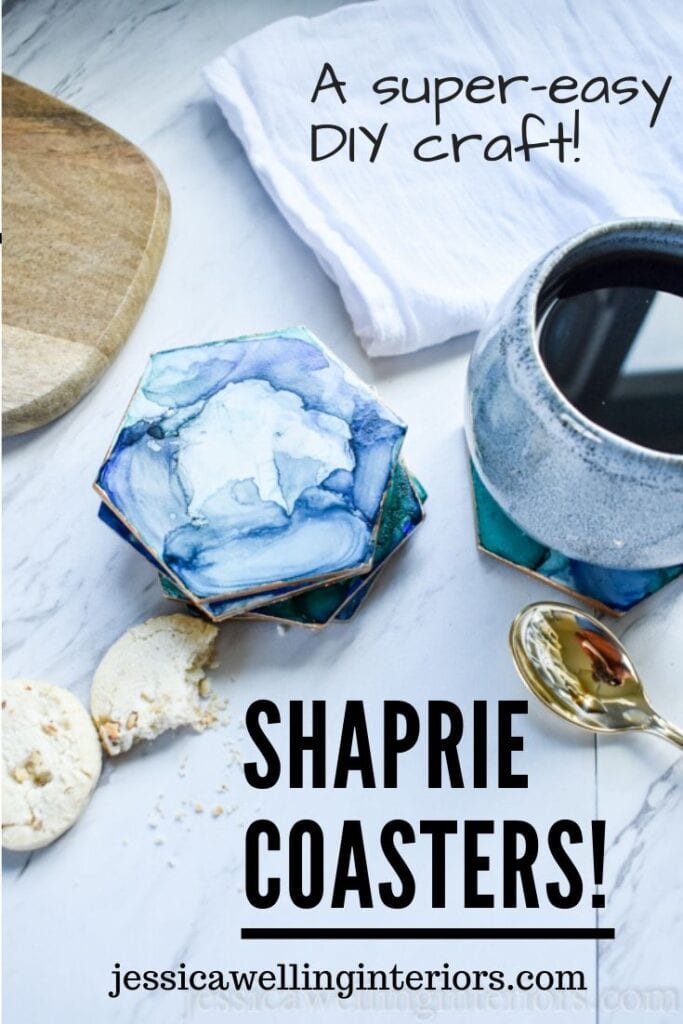 Sharpie Coasters: A Super-Easy DIY craft: image of hexagon tile coasters with blue abstract design and gold edges with mug of coffee and a spoon
