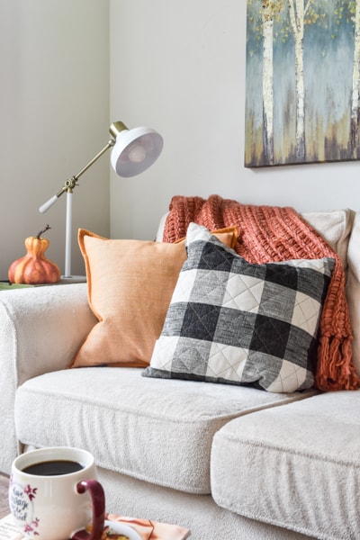 example of how to increase your home's natural light: living room sofa with fall colored throw pillows and blanket in orange and yellow