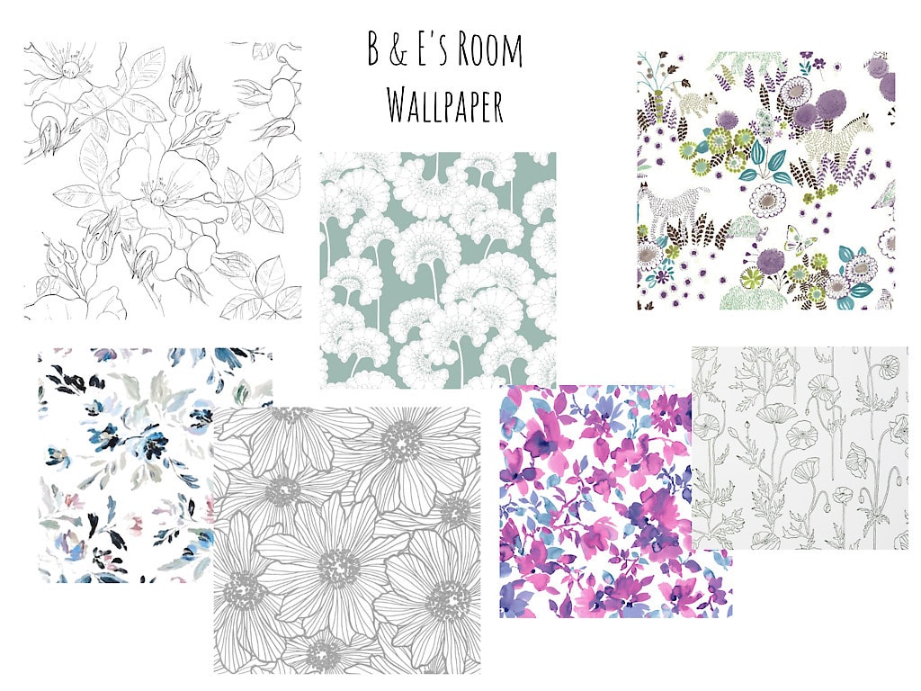 B & E's Room Wallpaper: collage of 7 different floral wallpaper swatches