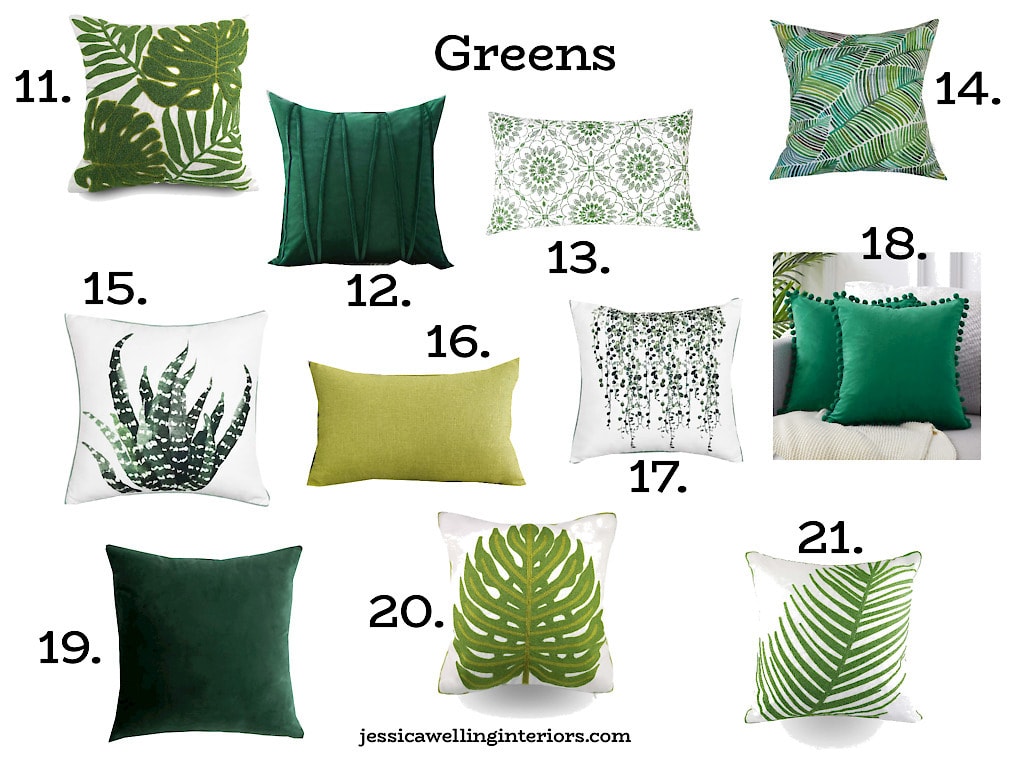 Greens: Numbered collage of green Spring throw pillows, solid green throw pillows, and botanical prints