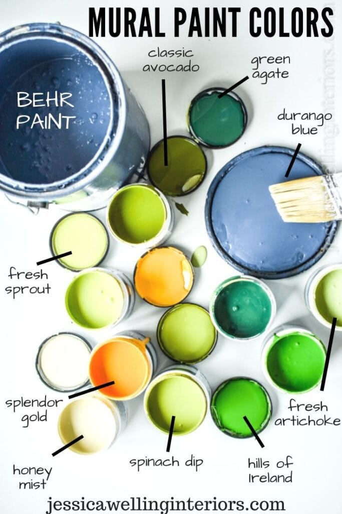 Mural Paint Colors: several open paint samples and lids showing brightly colored paint for botanical mural. Greens, blue, yellow,and cream