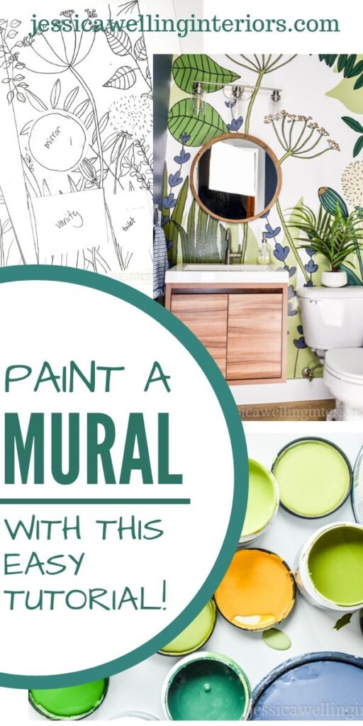 Paint a Mural With This Easy Tutorial: collage of white botanical line drawing, colorful paint samples, and finished botanical mural in a small bathroom