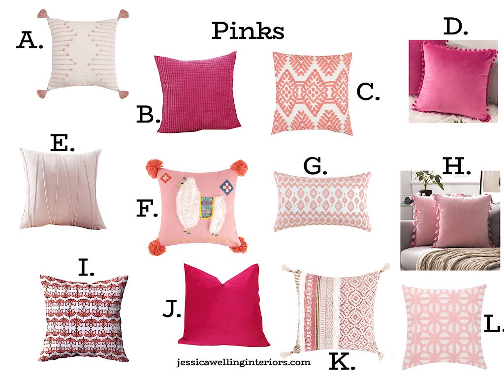 collage of pink throw pillow covers from Amazon, tassels, pom poms, and Bohemian patterns