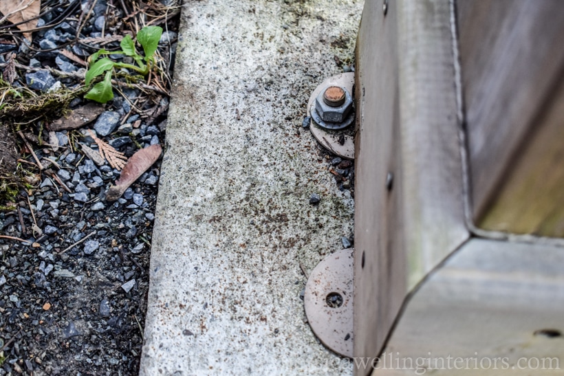 close-up of Yardistry gazebo post bolted to it's concrete pad as a Costco patio cover