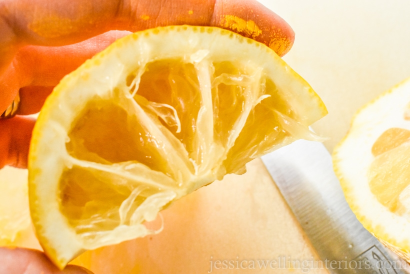 close-up of carved lemon- ready to be painted and printed on tea towels