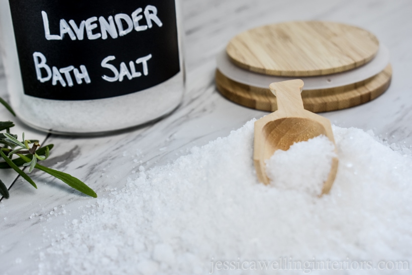 homemade bath salts with a wooded scoop