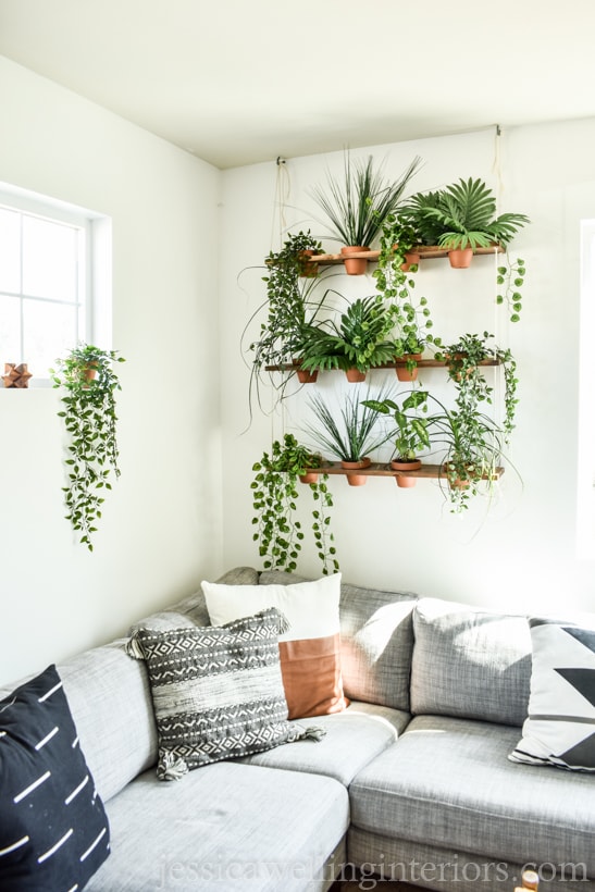 Boho DIY indoor vertical garden with indoor hanging plants in terra cotta pots