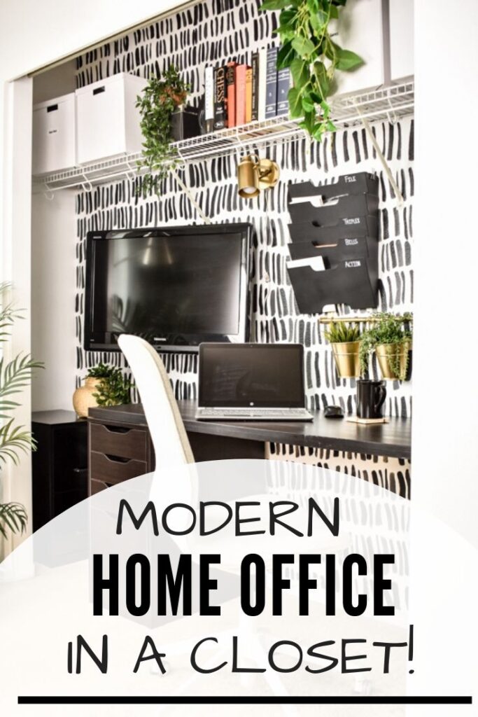 Modern Home Office in a Closet!: modern "cloffice" with black and white accent wall, black Ikea desk, Alex drawer unitl, and gold accents, and plants