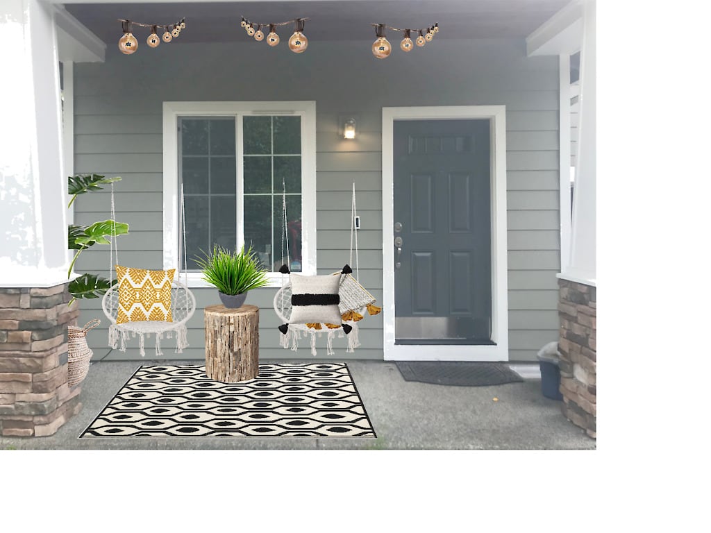 rendering of Boho front porch with macrame swing chairs