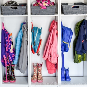 mudroom cubblies Ikea hack with kids backpacks, coats, and rain boots